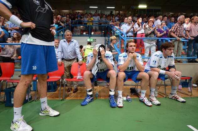 08.06.2013, xjhx, Handball HBL, TV Grosswallstadt - THW Kiel, v.l. Joakim Larsson (TV Grosswallstadt), Cornelius Maas (TV Grosswallstadt), Steffen Bühler (TV Grosswallstadt) enttäuscht, enttäuscht schauend, dissapointed