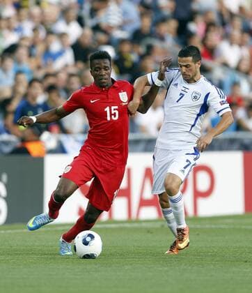 Israel s Israel Zaguri tussles with England s Wilfred Zaha - Israel U21 vs England U21 - UEFA U21 Championship 2013 - Teddy Stadium - Jerusalem - Israel - 11 06 2013 - Pic David Klein Sportimage EDITORIAL USE ONLY. No use with unauthorised audio, video, data, fixture lists, club league logos or live services. Online in-match use limited to 120 images, no video emulation. No use in betting, games or single club league player publications.