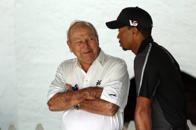 June 11, 2013 - Ardmore, PA, USA - Golf legend Arnold Palmer chats with Tiger Woods near the first hole before the start of Tiger s practice round for the U.S. Open golf championship at Merion Golf Club in Ardmore, Pennsylvania, Tuesday, June 11, 2013. U.S. Open - ZUMAm67