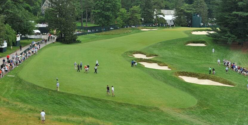 June 11, 2013 - Ardmore, PA, USA - The 15th hole at Merion Golf Club in Ardmore, Pennsylvania, doesn t get a lot of publicity in relation to the three holes around the infamous quarry, but many of the players believe it is the most worrisome hole on the course due to the close out-of-bounds on the left and three huge bunkers to the right. The hole is seen during the second day of practice for the US Open championship on June 11, 2013. U.S. Open - ZUMAm67