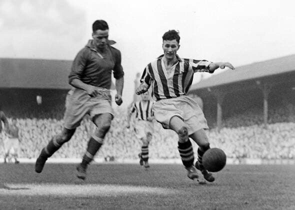 Football - 1949 1950 First Division - Liverpool 2 West Bromwich Albion 1 West Brom s Len Millard, right, and Liverpool s Billy Liddell at Anfield. 18 02 1950 