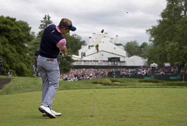 Luke Donald hits on the 13th tee box during the second round 113th U.S. Open Championship at Merion Golf Club in Ardmore, Pennsylvania on June 14, 2013.  PHI20130614318