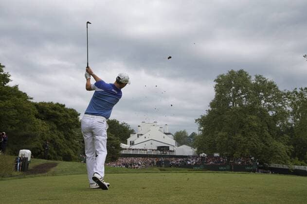 Martin Kaymer hits on the 13th tee box during the second round 113th U.S. Open Championship at Merion Golf Club in Ardmore, Pennsylvania on June 14, 2013.  PHI20130614319