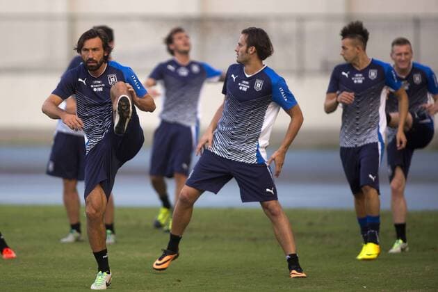 RIO DE JANEIRO, June 14, 2013 - Italy s Andrea Pirlo (L), Alberto Gilardino (C) and Stephan El Shaarawy (2nd R) participate in a training session in Olimpic Stadium Joao Havelange, in Rio de Janeiro, Brazil, on June 14, 2013. The National Team of Italy will debut on Sunday in FIFA Confederations Cup Brazil 2013 against Mexico at Maracana Stadium. (Xinhua StraffonImages) (itm) (sp) (SP)BRAZIL-RIO DE JANIERO-CONFEDERATIONS-ITALY 