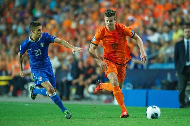 (L-R) Fausto Rossi of Italy U21, Marco van Ginkel of Holland U21 during the UEFA EURO U21 championship semi-final match between Italy and Netherlands on June 15, 2013 at the HaMoshava stadium at Petach Tikva, Israel. Italy U21 v Holland U21 UEFA EURO U21 2012 2013 xVIxxIVx 1608024