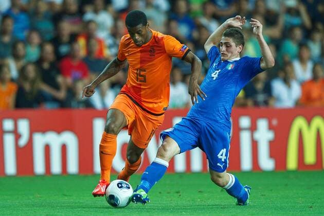(L-R) Georginio Wijnaldum of Holland U21, Marco Verratti of Italy U21 during the UEFA EURO U21 championship semi-final match between Italy and Netherlands on June 15, 2013 at the HaMoshava stadium at Petach Tikva, Israel. Italy U21 v Holland U21 UEFA EURO U21 2012 2013 xVIxxIVx 1608028