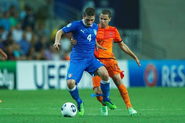(L-R) Marco Verratti of Italy U21, Adam Maher of Holland U21 during the UEFA EURO U21 championship semi-final match between Italy and Netherlands on June 15, 2013 at the HaMoshava stadium at Petach Tikva, Israel. Italy U21 v Holland U21 UEFA EURO U21 2012 2013 xVIxxIVx 1608029