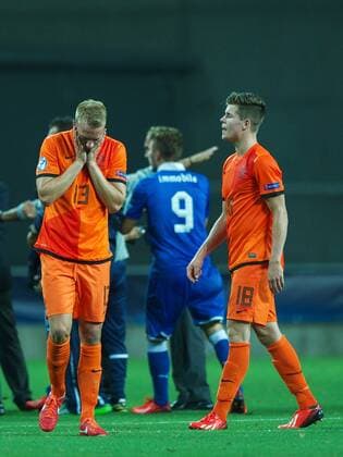 (L-R) Stefan de Vrij of Holland U21, Ciro Immobile of Italy U21, Marco van Ginkel of Holland U21 during the UEFA EURO U21 championship semi-final match between Italy and Netherlands on June 15, 2013 at the HaMoshava stadium at Petach Tikva, Israel. Italy U21 v Holland U21 UEFA EURO U21 2012 2013 xVIxxIVx 1608241