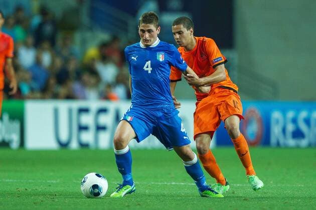 (L-R) Marco Verratti of Italy U21, Adam Maher of Holland U21 during the UEFA EURO U21 championship semi-final match between Italy and Netherlands on June 15, 2013 at the HaMoshava stadium at Petach Tikva, Israel. Italy U21 v Holland U21 UEFA EURO U21 2012 2013 xVIxxIVx 1608384