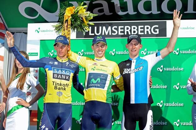 Podium v.l.n.r. - (3.) Roman KREUZIGER ( CZE Team Saxo Bank - Tinkoff Bank ) - (1.) Rui COSTA ( POR Movistar Team ) - (3.) Bauke MOLLEMA ( NED Blanco ) - Siegerehrung - quer - Event: Tour de Suisse 2013 - 9.Etappe: Bad Ragaz nach Flumserberg - Bergzeitfahren - Einzelzeitfahren 26.8 km - Location: Schweiz - Europa - Datum: 16.06.2013