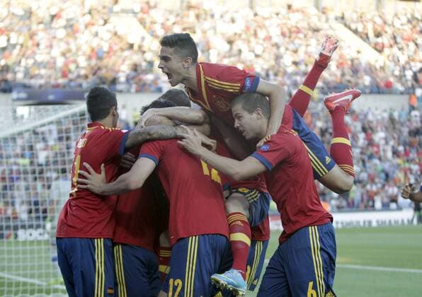 Final match of the U-21 European Cup played between Italy and Spain. In this picture, Spanish players celebration. Inigo Martinez (R) xCARLOSxBARAJASx 