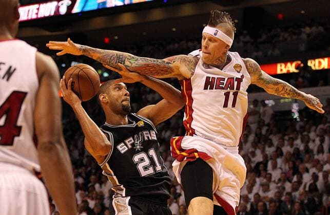 June 18, 2013 - Miami, FL, USA - The Miami Heat s Chris Andersen (11) defends against the San Antonio Spurs Tim Duncan (21) in the second quarter in Game 6 of the NBA Basketball Herren USA Finals on Tuesday, June 18, 2013, at the AmericanAirlines Arena in Miami, Florida. Game 6 - NBA Basketball Herren USA Finals - ZUMAm67