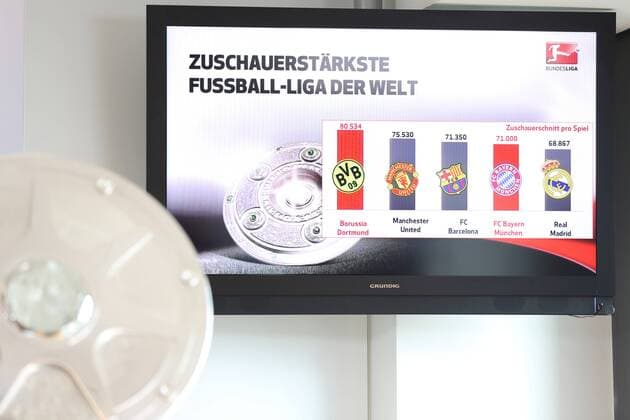 TV MONITOR ZEIGT DIE VEREINE MIT DEN MEISTEN ZUSCHAUERN IM STADION PRESSEKONFERENZ VORSTELLUNG DES BUNDESLIGA SPIELPLANS DER SAISON 2013 14 DFL FRANKFURT