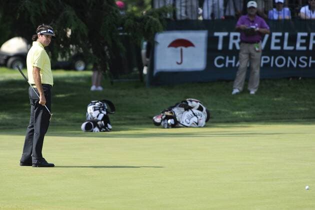 June 22, 2013 - Cromwell, Connecticut, USA - Jun 22, 2013 - Cromwell, Connecticut, U.S. - Bubba Watson stares at his ball which stopped short of the cup on the 8th green during the third round of the PGA Golf Herren Travelers Championship held at TPC River Highland in Cromwell Connecticut. Watson finished the round with a 70 and in a three way tie for first place. Eric Canha CSM PGA Golf Herren 2013: Travelers Championship JUN 22 - ZUMAc04