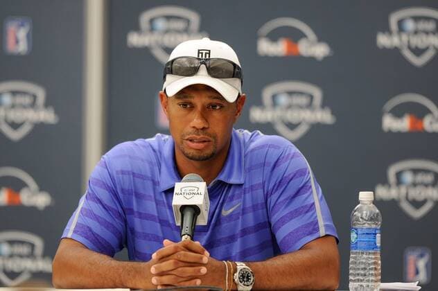 June 26, 2013 - Pro golfer Tiger Woods addresses the media during a press conference at Pro-Am day at Congressional Country Club in Bethesda MD. Woods is sidelined from his own event after suffering an elbow injury during US Open play several weeks prior. Golf 2013: AT&T National Pro-Am JUN 26 - ZUMAcjm