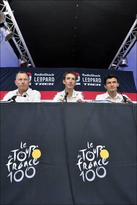 Kim Andersen (Denmark Director Team Radioshack Leopard), Andy Schleck (Luxemburg Team Radioshack Leopard) - Flavio Becca (Luxembourg Teammanager Radioshack Leopard) - Radioshack Leopard - Tour De France - Porto Vecchio - 27 06 2013 Photonews Panoramic 