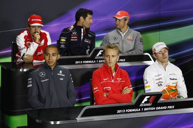 Motorsports: FIA Formula One World Championship 2013, Grand Prix of Great Britain, 10 Lewis Hamilton (GBR, Mercedes AMG Petronas F1 Team), 23 Max Chilton (GBR, Marussia F1 Team), 14 Paul di Resta (GBR, Sahara Force India F1 Team), 3 Fernando Alonso (ESP, Scuderia Ferrari), 2 Mark Webber (AUS, Infiniti Red Bull Racing), 5 Jenson Button (GBR, Vodafone McLaren Mercedes), xHOCHxZWEIx