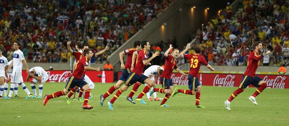 Semifinal of Confederations Cup between Spain and Italy. In this picture, Spanish players celebrate the victory after penalties. (R-L Sergio Ramos, Juan Mata, Andres Iniesta, Sergio Busquets, Javi Martinez, Jordi Alba xPABLOGARCIAx 