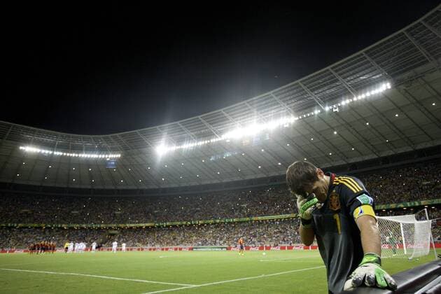 (130628) -- FORTALEZA, June 28, 2013 (Xinhua) -- Spain s goalkeeper Iker Casillas reacts during the FIFA s Confederations Cup Brazil 2013 semifinal match against Italy, held at Castelao Stadium, in Fortaleza, Brazil, on June 27, 2013. Spain won 7-6 in a penalty shoot-out. (Xinhua Guillermo Arias) (itm) (SP)BRAZIL-FORTALEZA-CONFEDERATIONS-SPAIN VS ITALY 