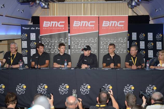 2013, conferenze stampa 2 vigilia Tour de France 2013, Bmc 2013, Van Avermaet Greg, Evans Cadel, Gilbert Philippe, Luchinger Georges, Lelangue John, Ochowicz Jim, Porto Vecchio nave Mega Smeralda 