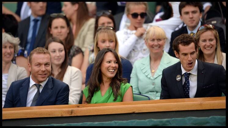 Great Britain s Olympians Andy Murray and Sir Chris Hoy with his wife Sarra Kemp in the royal box at The Wimbledon Tennis Championships The All England Lawn Tennis Club, Wimbledon, United Kingdom Saturday, 29th June 2013 AndrewxParsonsx xi-Images  IIM-0161-0026