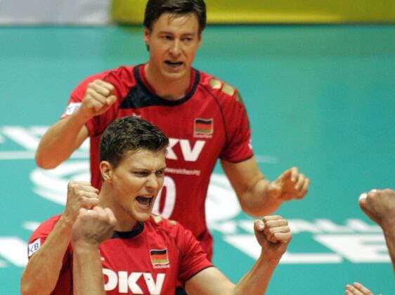 29.06.2013 Belgrade(Serbia) Serbia-Germany FIVB Men s Volleyball World League Lukas Kampa(in front) Germany celebration : 