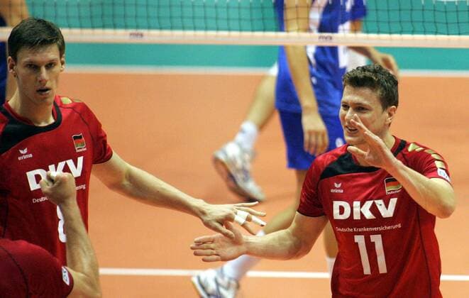 29.06.2013 Belgrade(Serbia) Serbia-Germany FIVB Men s Volleyball World League Marcus Böhme(L) with Lukas Kampa(r) Germany celebrate during match : 