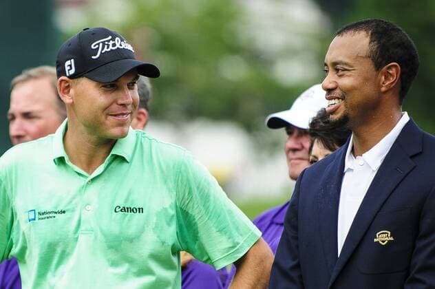 June 30, 2013 - Bethesda, MD, USA - Tournament winner Bill Haas talks with tournament host Tiger Woods during the trophy ceremony of the AT&T National at Congressional Country Club in Bethesda, Maryland, Sunday, June 30, 2013. AT&T National - ZUMAm67