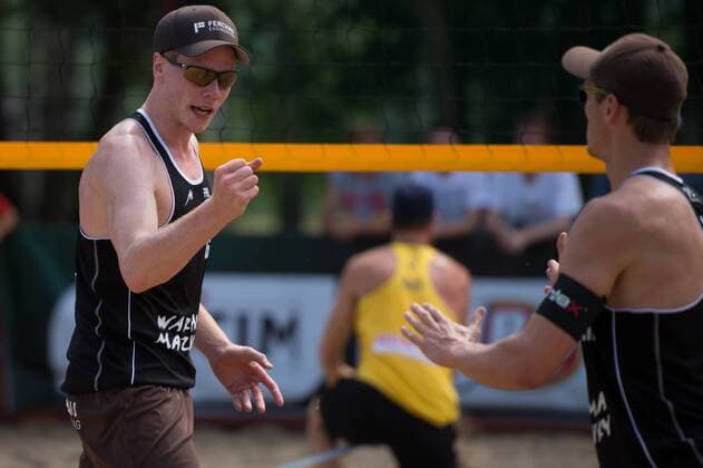 FIVB Beach Volleyball Weltmeisterschaft, Main Draw Vorrunde 03.07.13, Lake Szelag, Stare Jablonki Jubel Markus Böckermann Boeckermann (GER), Mischa Urbatzka (GER)