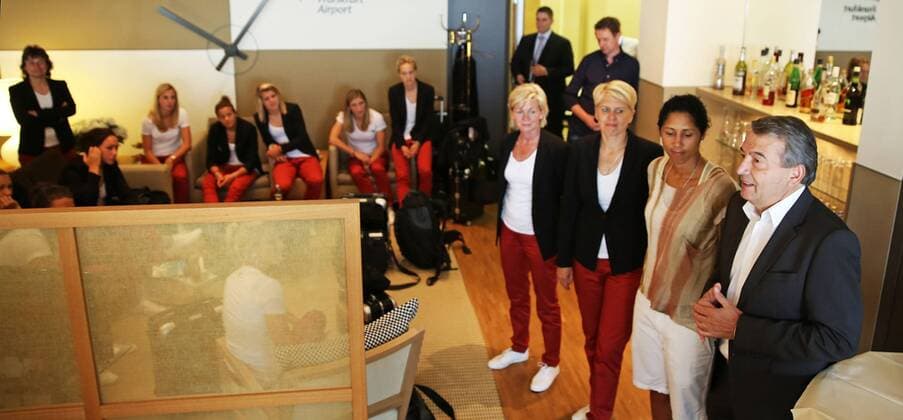 FRANKFURT AM MAIN, GERMANY - JULY 07: (L-R) Head coach Silvia Neid, Manager Doris Fitschen, Steffi Jones and DFB President Wolfgang Niersbach attend the Germany women s national team departure to Sweden at Frankfurt Airport on July 7, 2013 in Frankfurt am Main, Germany. Local Caption Steffi Jones; Silvia Neid; Wolfgang Niersbach; Doris Fitschen