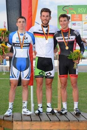 Deutsche Bahnrad-Meisterschaft 2013,Oberhausen-Rheinhausen 3000 m Einerverfolgung Elite Männer, Mitte: 1,Deutscher Meister Stefan Schäfer, Team NSP-GHOST, Links: 2.Deutscher Meister Maximilian Beyer, SC Berlin Rechts: 3. Deutscher Meister Lukas Liss, rad-net ROSE Team - ksp