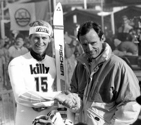 Super G Val d Isere 1986: Jean Claude Killy (Frankreich) gratuliert Sieger Markus Wasmeier (BR Deutschland)