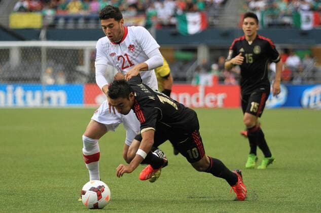 SEATTLE, July 11, 2013 - Mexico s Marco Fabian (R) vies with Canada s Jonathan Osorio during their Gold Cup 2013 match in Seattle, the United States, on July 11, 2013. (Xinhua Alfredo Lopez Jam Media) (itm) (sp) (SP)US-SEATTLE-SOCCER-GOLD CUP-MEXICO VS CANADA 