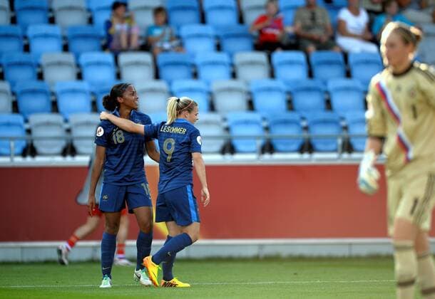 Marie Laure Delie (fra) - Eugenie Le Sommer (fra) - Elvira Todua (rus) FOOTBALL: France vs Russia. UEFA Euro Feminin - 2013 - 12 07 2013 xAnthonyxBIBARDxFEPx 