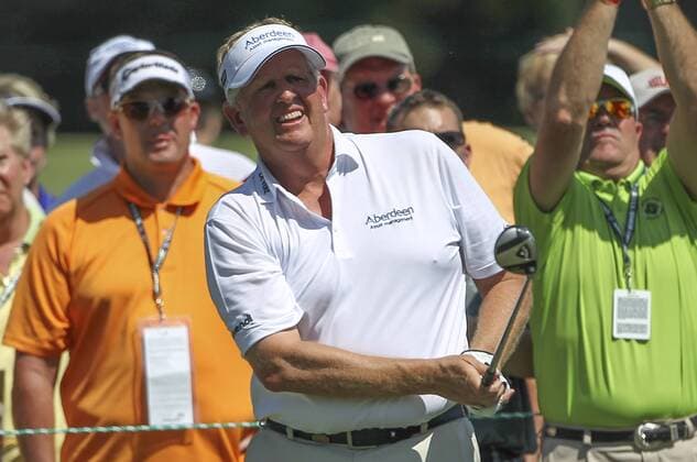 July 12, 2013 - Omaha, Nebraska, United States of America - Jul 12, 2013 - Omaha, Nebraska, U.S. -Colin Montgomerie watches his drive on the 9th hole during 2nd round action of the 2013 U.S. Senior Open at Omaha Country Club..Michael Spomer Cal Media PGA Golf Herren Golf 2013: U.S. Senior Open July 11-14 - ZUMAc04