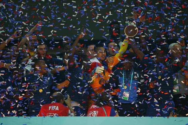 FIFA U20 World Cup Final match between France and Uruguay at Turk Telekom Arena Stadium in Istanbul, Turkey 13.07.2013 Pictured: French players celebrate with their trophy after beating Uruguay at penalty kicks during their FIFA Under 20 World Cup final football match at Turk Telecom stadium in Istanbul. 