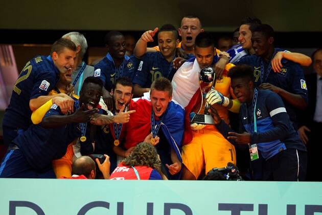 FIFA U20 World Cup Final match between France and Uruguay at Turk Telekom Arena Stadium in Istanbul, Turkey 13.07.2013 Pictured: French players celebrate with their trophy after beating Uruguay at penalty kicks during their FIFA Under 20 World Cup final football match at Turk Telecom stadium in Istanbul. 