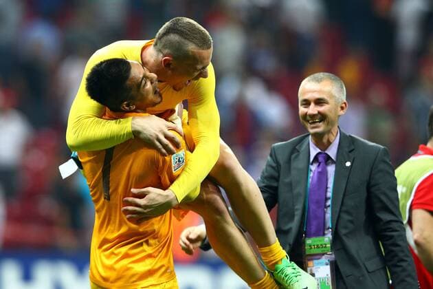 FIFA U20 World Cup Final match between France and Uruguay at Turk Telekom Arena Stadium in Istanbul, Turkey 13.07.2013 Pictured: Goalkeeper Alphonse Areola and other French players celebrate with their trophy after beating Uruguay at penalty kicks during their FIFA Under 20 World Cup final football match at Turk Telecom stadium in Istanbul. 