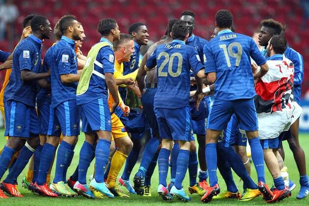 FIFA U20 World Cup Final match between France and Uruguay at Turk Telekom Arena Stadium in Istanbul, Turkey 13.07.2013 Pictured: French players celebrate with their trophy after beating Uruguay at penalty kicks during their FIFA Under 20 World Cup final football match at Turk Telecom stadium in Istanbul. 