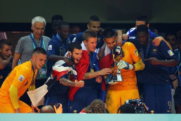 FIFA U20 World Cup Final match between France and Uruguay at Turk Telekom Arena Stadium in Istanbul, Turkey 13.07.2013 Pictured: Goalkeeper Alphonse Areola and other French players celebrate with their trophy after beating Uruguay at penalty kicks during their FIFA Under 20 World Cup final football match at Turk Telecom stadium in Istanbul. 
