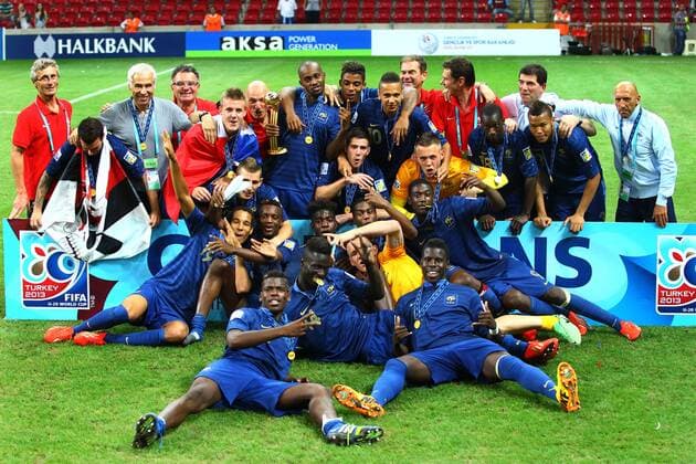 FIFA U20 World Cup Final match of France at Turk Telekom Arena Stadium in Istanbul, 13.07.2013 Pictured: French players celebrate with their trophy uring their FIFA Under 20 World Cup final football match at Turk Telecom stadium in Istanbul. 