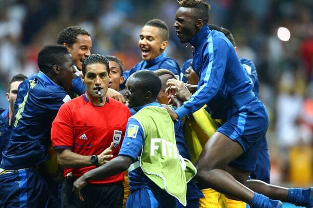 FIFA U20 World Cup Final match between France and Uruguay at Turk Telekom Arena Stadium in Istanbul, Turkey 13.07.2013 Pictured: French players celebrate with their trophy after beating Uruguay at penalty kicks during their FIFA Under 20 World Cup final football match at Turk Telecom stadium in Istanbul. 