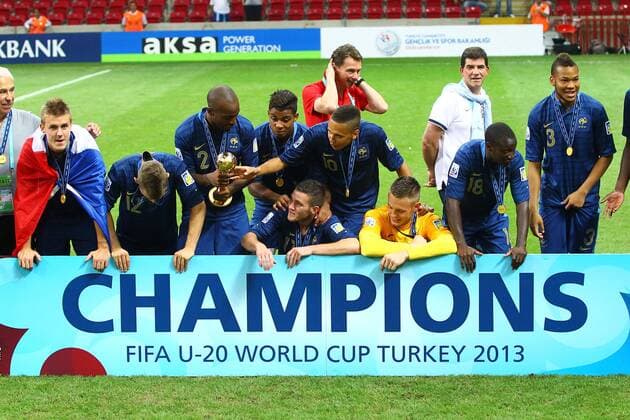 FIFA U20 World Cup Final match between France and Uruguay at Turk Telekom Arena Stadium in Istanbul, Turkey 13.07.2013 Pictured: French players celebrate with their trophy after beating Uruguay at penalty kicks during their FIFA Under 20 World Cup final football match at Turk Telecom stadium in Istanbul. 
