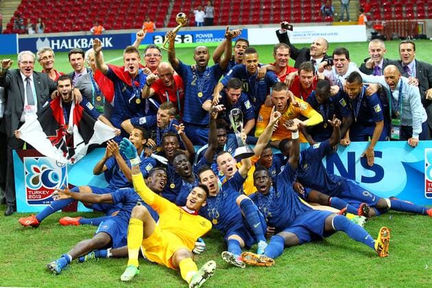 FIFA U20 World Cup Final match of France at Turk Telekom Arena Stadium in Istanbul, 13.07.2013 Pictured: French players celebrate with their trophy uring their FIFA Under 20 World Cup final football match at Turk Telecom stadium in Istanbul. 
