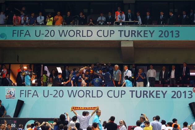 FIFA U20 World Cup Final match between France and Uruguay at Turk Telekom Arena Stadium in Istanbul, Turkey 13.07.2013 Pictured: French players celebrate with their trophy after beating Uruguay at penalty kicks during their FIFA Under 20 World Cup final football match at Turk Telecom stadium in Istanbul. 