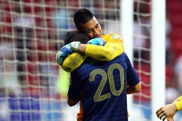 FIFA U20 World Cup Final match between France and Uruguay at Turk Telekom Arena Stadium in Istanbul, Turkey 13.07.2013 Pictured: Goalkeeper Alphonse Areola and other French players celebrate with their trophy after beating Uruguay at penalty kicks during their FIFA Under 20 World Cup final football match at Turk Telecom stadium in Istanbul. 