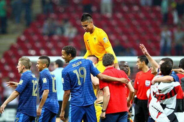 FIFA U20 World Cup Final match between France and Uruguay at Turk Telekom Arena Stadium in Istanbul, Turkey 13.07.2013 Pictured: Goalkeeper Alphonse Areola and other French players celebrate with their trophy after beating Uruguay at penalty kicks during their FIFA Under 20 World Cup final football match at Turk Telecom stadium in Istanbul. 