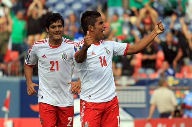 Miguel Angel Ponce (R) of Mexico celebrates his goal with his teammate Javier Orozco during the Gold Cup 2013 soccer match between Martinique and Mexico in Denver, Colorado, the United States, on July 14, 2013. (Xinhua Alfredo Lopez Jam Media) (rt) (SP) 