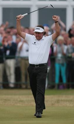 USA s Phil Mickelson celebrates a birdie on the eighteenth green leading to his win of the Open Championship at Muirfield on the fourth day of the 2013 Open Championship in Muirfield, Scotland on July 21 , 2013. Mickelson won with a score of three under par.  LON2013072107