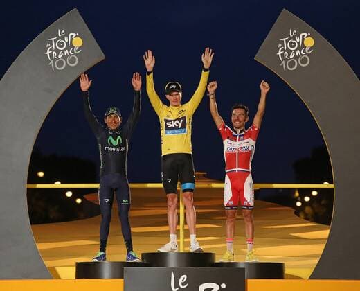 Tour winner Chris Froome (C) of Great Britain, runner-up Nairo Quintana of Colombia (L) and third place finisher Joaquim Rodriguez Oliver of Spain acknowledge the crowd on the presentation podium after the conclusion of the Tour de France in Paris on July 21, 2013. Froome became Britain s second consecutive Tour winner after Bradley Wiggins won the event last year.  PAR20130721734